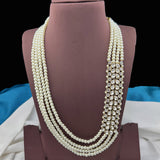 Multi-layered pearl necklace on a mannequin bust with a blurred background