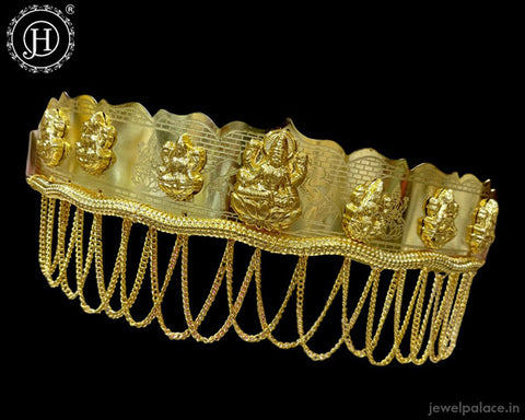 Gold polished alloy plated traditional hip belt with intricate designs and embellishments.