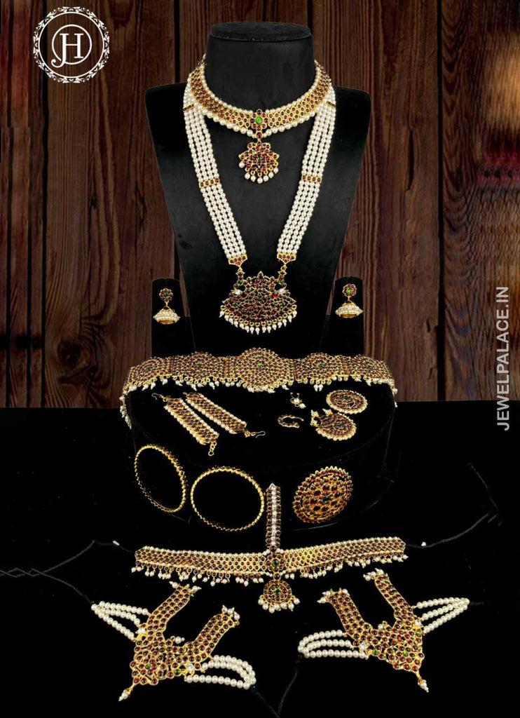 Jewel Palace Copper Multicolour Complete Set Bharatanatyam Jewellery with All The 10 Separate Ornaments Made with Green and Red Kemp Stones for Women