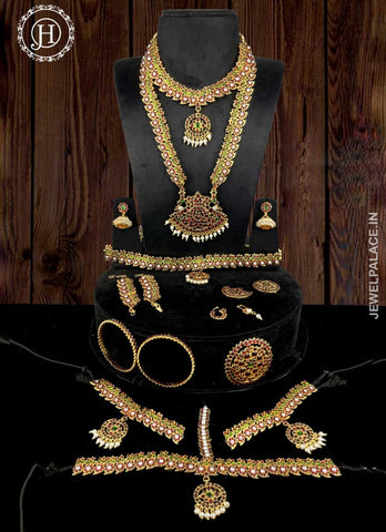 Jewel Palace Copper Multicolour Complete Set Bharatanatyam Jewellery with All The 10 Separate Ornaments Made with Green and Red Kemp Stones for Women JH141