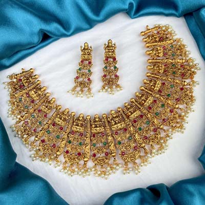Latest Gold Plated Multicolor Kemp Stone Lakshmi Design Necklace Set JH1428