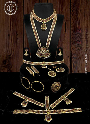 Jewel Palace Copper Multicolour Complete Set Bharatanatyam Jewellery with All The 10 Separate Ornaments Made with Green and Red Kemp Stones for Women JH142
