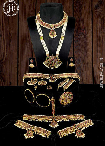 Jewel Palace Copper Multicolour Complete Set Bharatanatyam Jewellery with All The 10 Separate Ornaments Made with Green and Red Kemp Stones for Women JH150