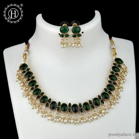 Beautiful Gold Plated Brass Kemp Stone Necklace With Matching Earrings