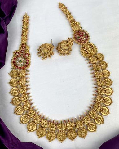 Elegant Gold Plated Kemp Stone Temple Long Haram With Earrings JH1554