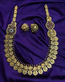 Elegant Gold Plated Kemp Stone Temple Long Haram With Earrings JH1554