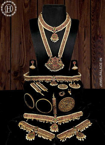 Jewel Palace Copper Multicolour Complete Set Bharatanatyam Jewellery with All The 10 Separate Ornaments Made with Green and Red Kemp Stones for Women JH170