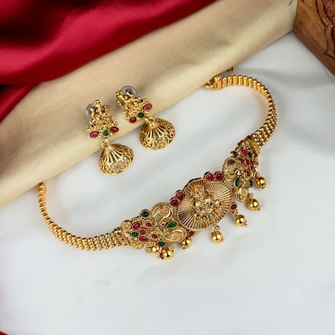 Elegant Gold Finish Laxmi Temple Necklace With Earrings JH1866