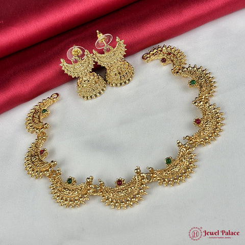 Gold necklace and earrings on a red and white fabric background with 'Jewel Palace' branding.