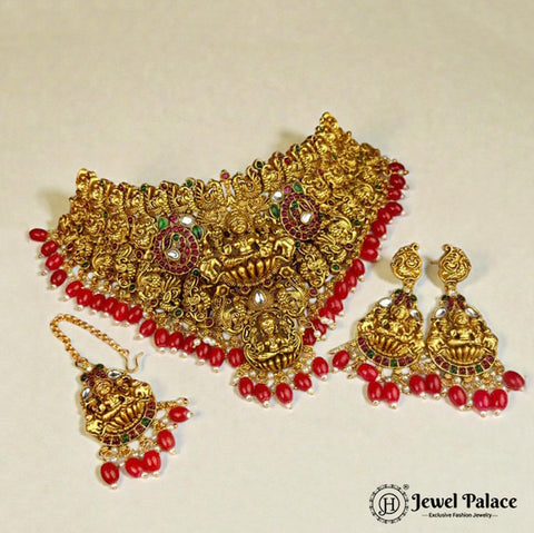 Elegant Gold Plated Temple Choker Set With Earrings JH2699