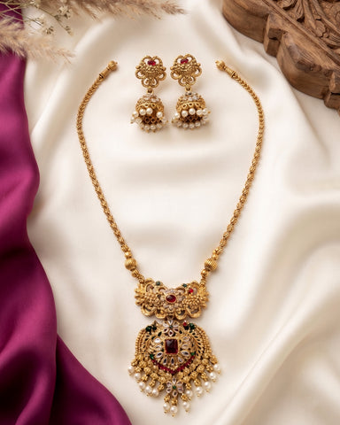 Antique Gold Finish Long Haram With Matching Earrings JH3208