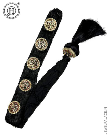 A black hair accessory with multicolored stone jadaisaram and a tassel, designed for adult women.