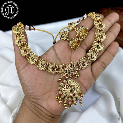 Beautiful Matte Finish Real Kemp Stone Necklace With Earrings JH339