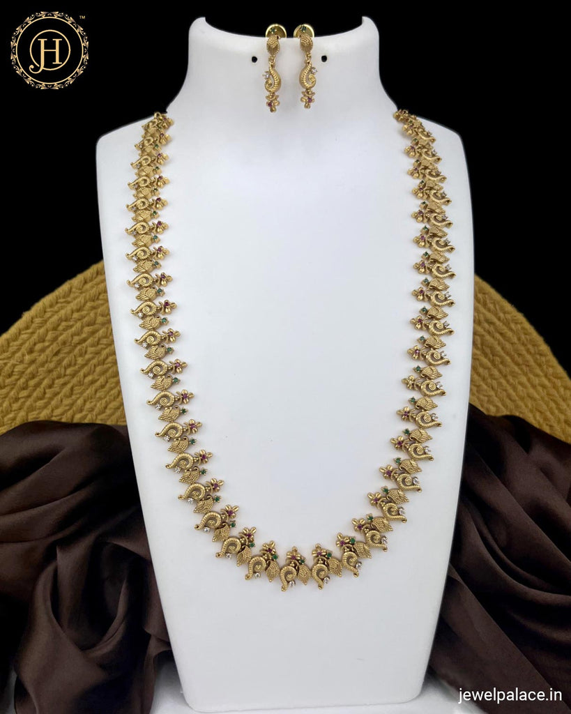 Antique Gold Finish Premium Quality AD Stone Long Haram JH3587 Maroon
