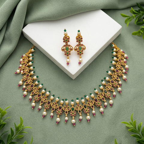 Premium Quality Gold Plated Kemp Stone With Pearl Necklace JH3600