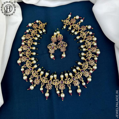 Premium Quality Gold Plated Kemp Stone With Pearl Necklace JH3600