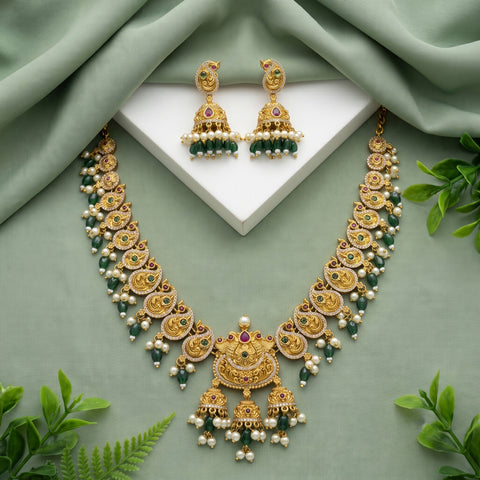 Premium Quality Gold Plated Kemp Stone With Pearl Necklace JH3601
