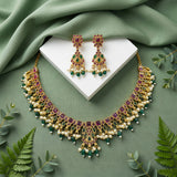 Premium Quality Gold Plated Kemp Stone With Pearl Necklace JH3603
