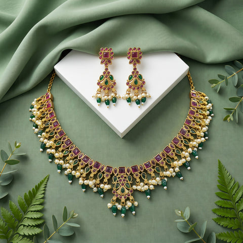 Premium Quality Gold Plated Kemp Stone With Pearl Necklace JH3603