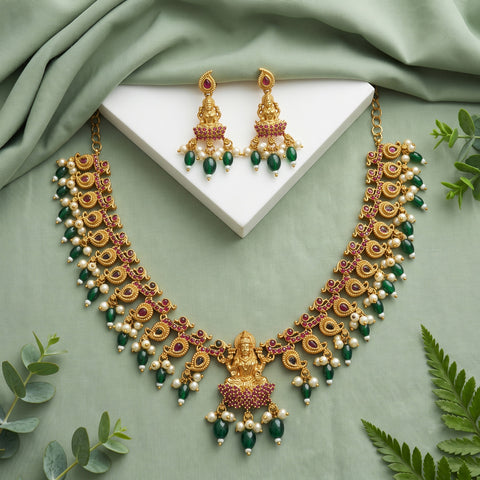 Premium Quality Gold Plated Kemp Stone With Pearl Necklace JH3604