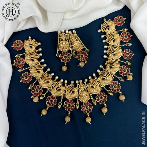 Elegant Gold Plated Maroon And Green Kemp Stone Premium Necklace JH3613