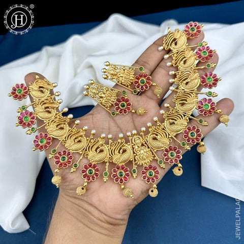 Elegant Gold Plated Maroon And Green Kemp Stone Premium Necklace JH3613