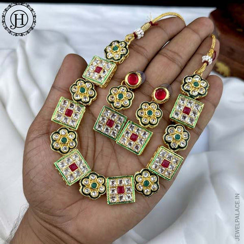 Exclusive Gold Finsh Kemp Stone Beautiful Necklace Set JH3614