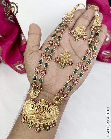 New Gold Finish Temple Long Haram With Matching Earrings JH3665