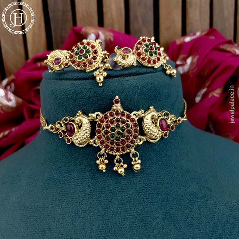  Elegant Peacock Design Kemp Stone Pearls Necklace JH3758