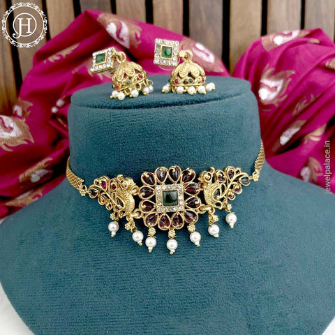 Elegant Kemp Stone Brass Pearls Necklace JH3760