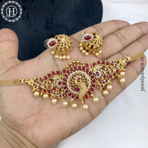 Beautiful Gold Finish Kemp Stone Necklace Set JH3798