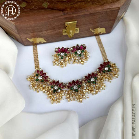 Beautiful Gold Finish Kemp Stone Necklace Set JH3801