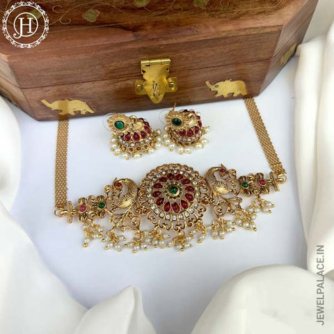 Gold Plated Kemp Stone Peacock Design Necklace JH3802