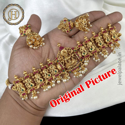 Gold Plated Kemp Stone Laxmi Design Necklace JH3807