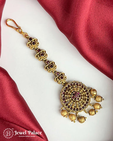 Beautiful Gold Plated Kemp Stone Temple Look Maang Tikka JH3850