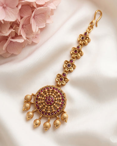Beautiful Gold Plated Kemp Stone Temple Look Maang Tikka JH3850