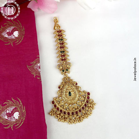 Beautiful Gold Plated Kemp Stone Temple Look Maang Tikka  JH3852