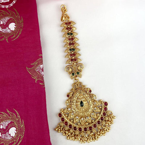 Beautiful Gold Plated Kemp Stone Temple Look Maang Tikka  JH3852