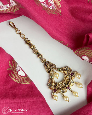 Beautiful Gold Plated Kemp Stone Temple Look Maang Tikka JH3853