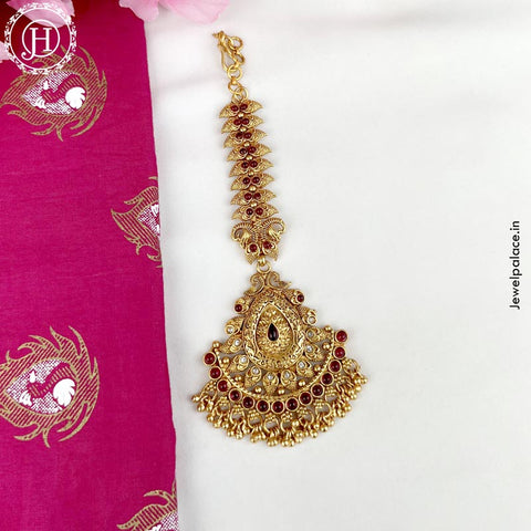 Beautiful Gold Plated Kemp Stone Temple Look Maang Tikka JH3853