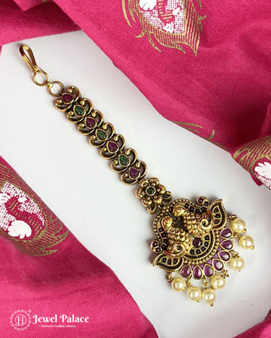 Beautiful Gold Plated Kemp Stone Temple Look Maang Tikka JH3854
