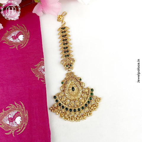 Beautiful Gold Plated Kemp Stone Temple Look Maang Tikka JH3855