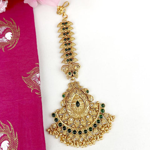 Beautiful Gold Plated Kemp Stone Temple Look Maang Tikka JH3855