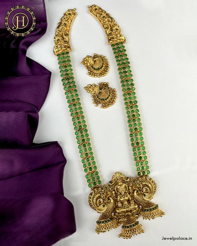 Beautiful Gold Plated Green Kemp Stone Temple Haram With Jhumkas
