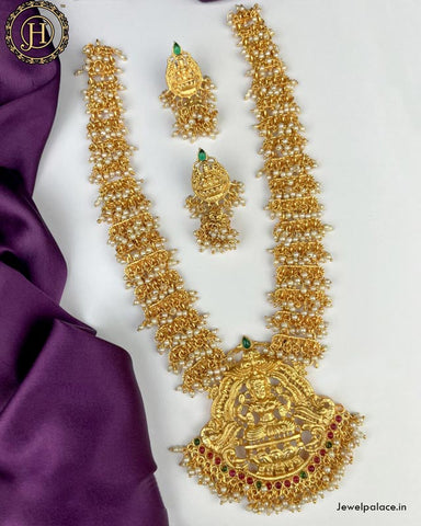 Beautiful Temple Lakshmi Guttapusalu Design Haram With Matching Earrings