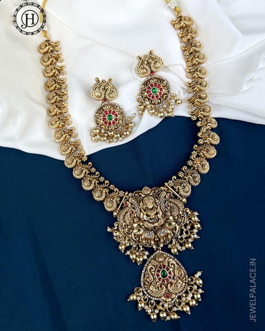 Designer Gold Plated Kemp Stone Pearls Temple Haram With Earrings