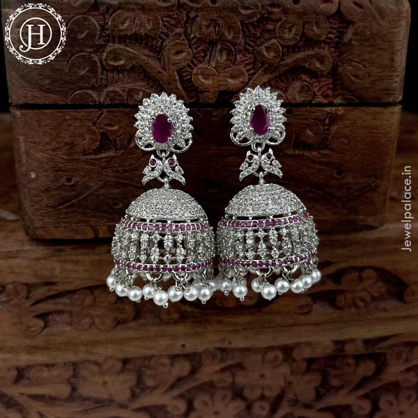 Beautiful Rhodium Plated American Diamond Earrings Jhumka Jewel Palace