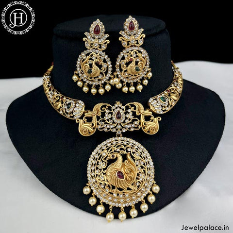 Elegant Gold Finish Kemp Stone Peacock Design Necklace  JH4152