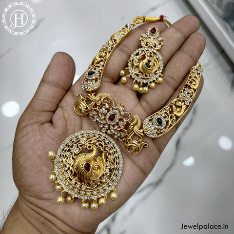 Elegant Gold Finish Kemp Stone Peacock Design Necklace  JH4152