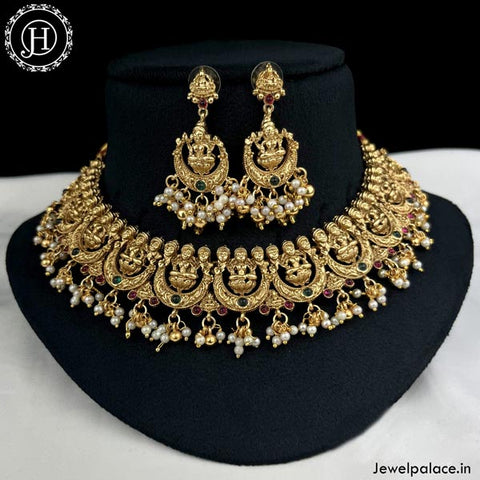 Beautiful Gold Finish Kemp Stone Temple Design Necklace  JH4157